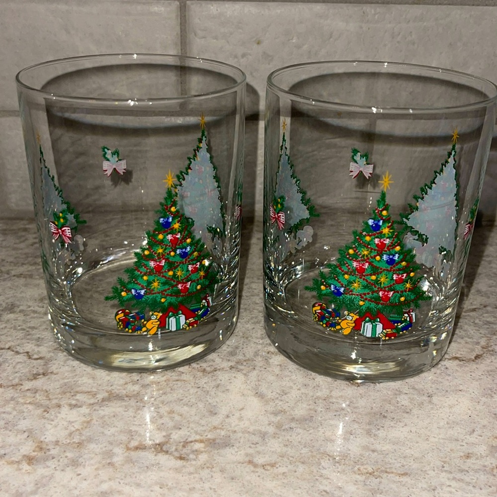 2 Vintage Christmas Tree Glass Low Ball Eggnog Drinking Glasses Textured Xmas